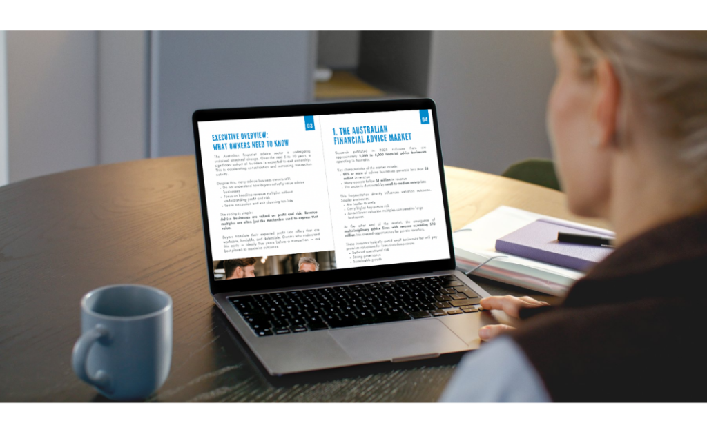 Professional reviewing the 2026 Advice Business Valuation, Sale and Acquisition Guide on a laptop screen.